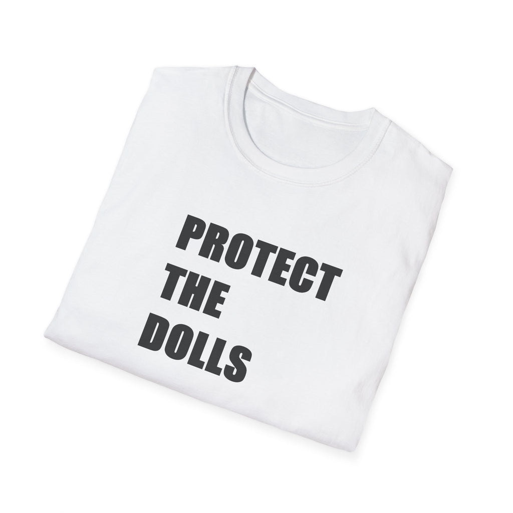 White t-shirt with 'PROTECT THE DOLLS' text on a white background