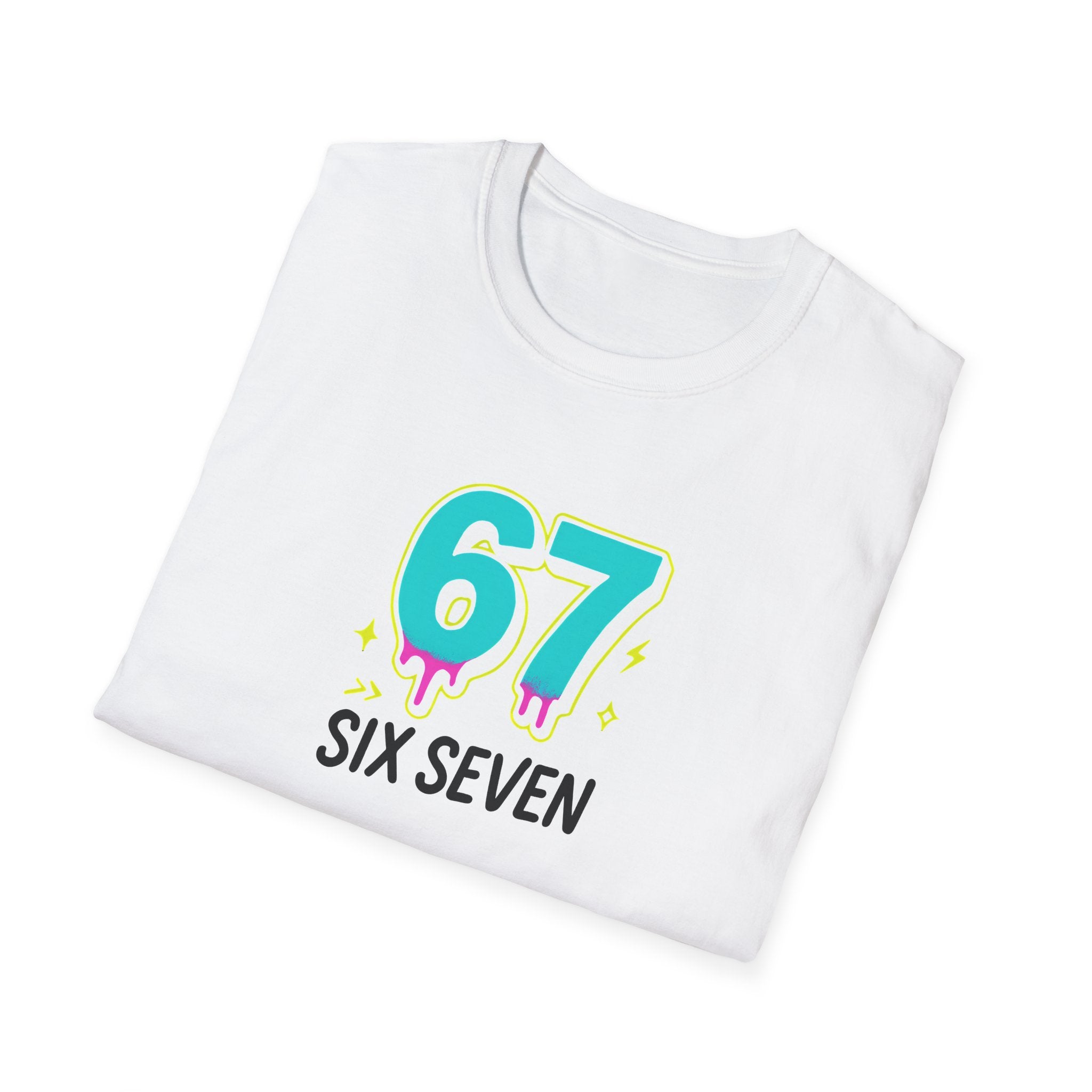 White t-shirt with '67 Six Seven' design on a white backgroundfolded 