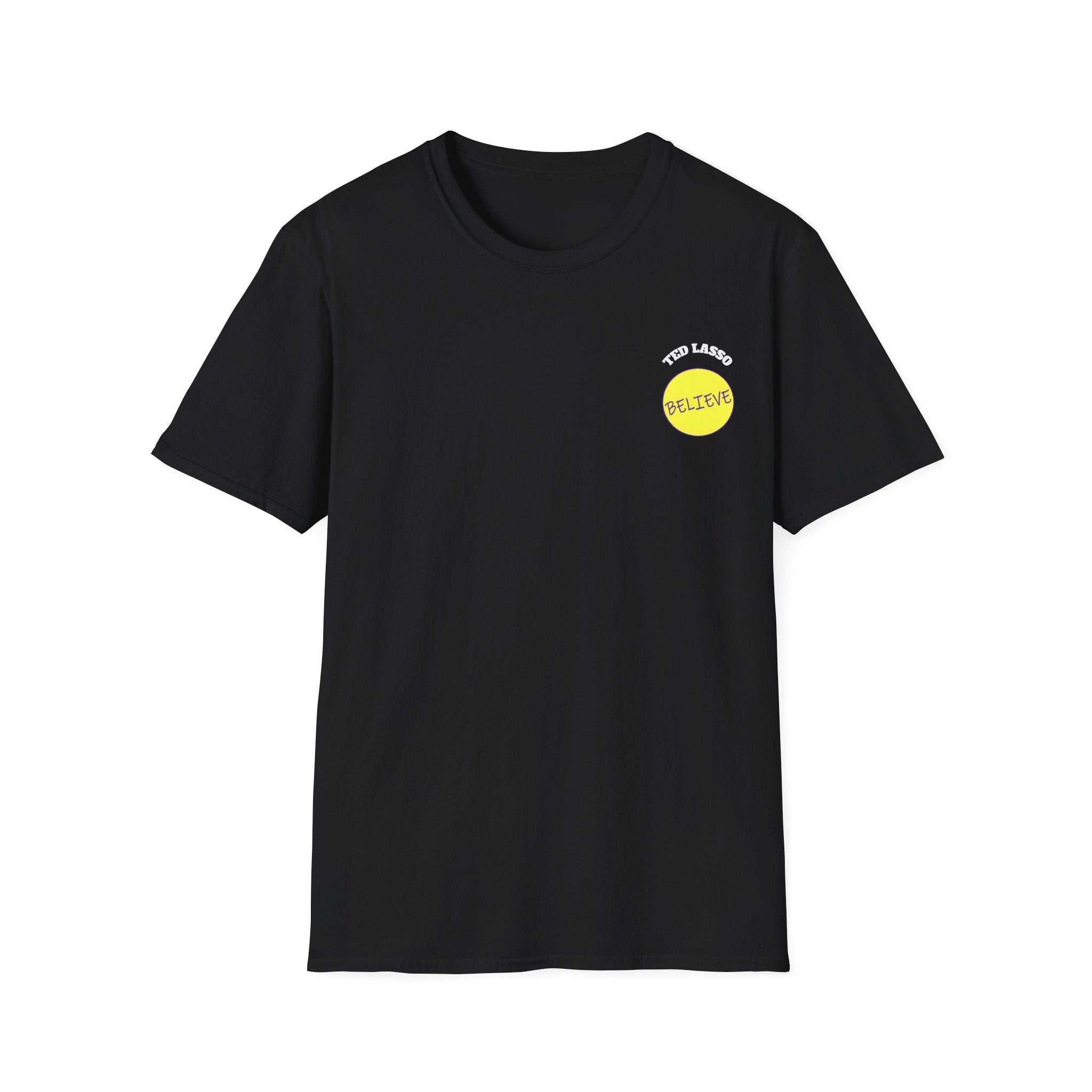 Black t-shirt with a yellow logo on a white background and text BELIEVE Ted lasso on a white background
