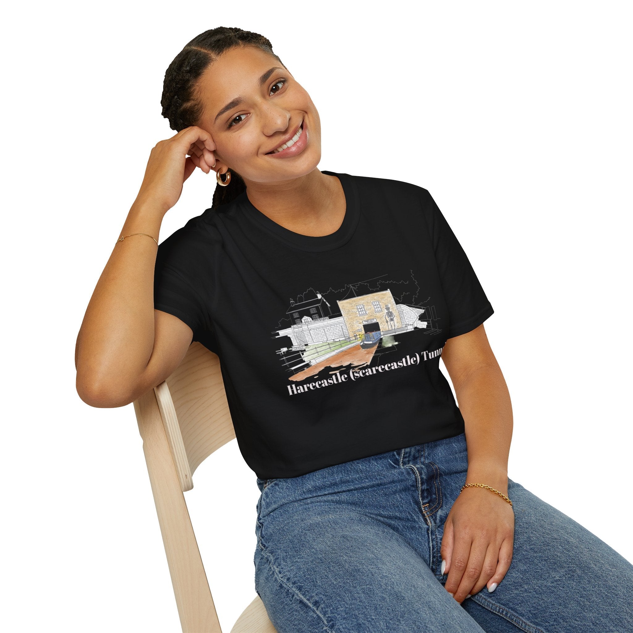 Harecastle  (Scarecastle) Tunnel illustration T-Shirt — Vintage canal narrowboat Tee Printify