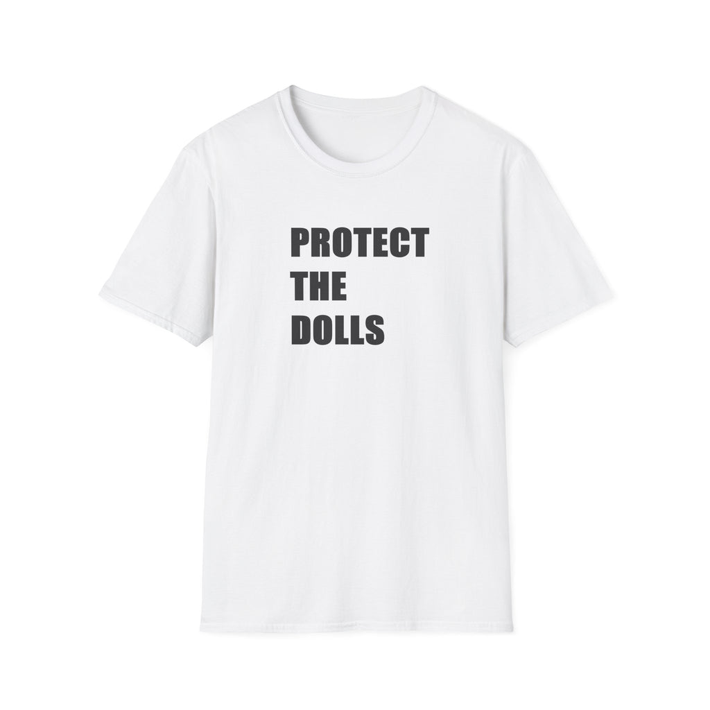 White t-shirt with 'PROTECT THE DOLLS' text on a white background
