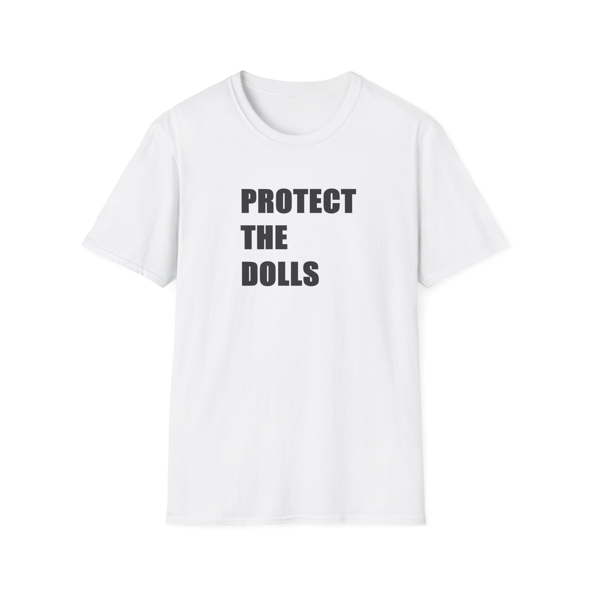 White t-shirt with 'PROTECT THE DOLLS' text on a white background