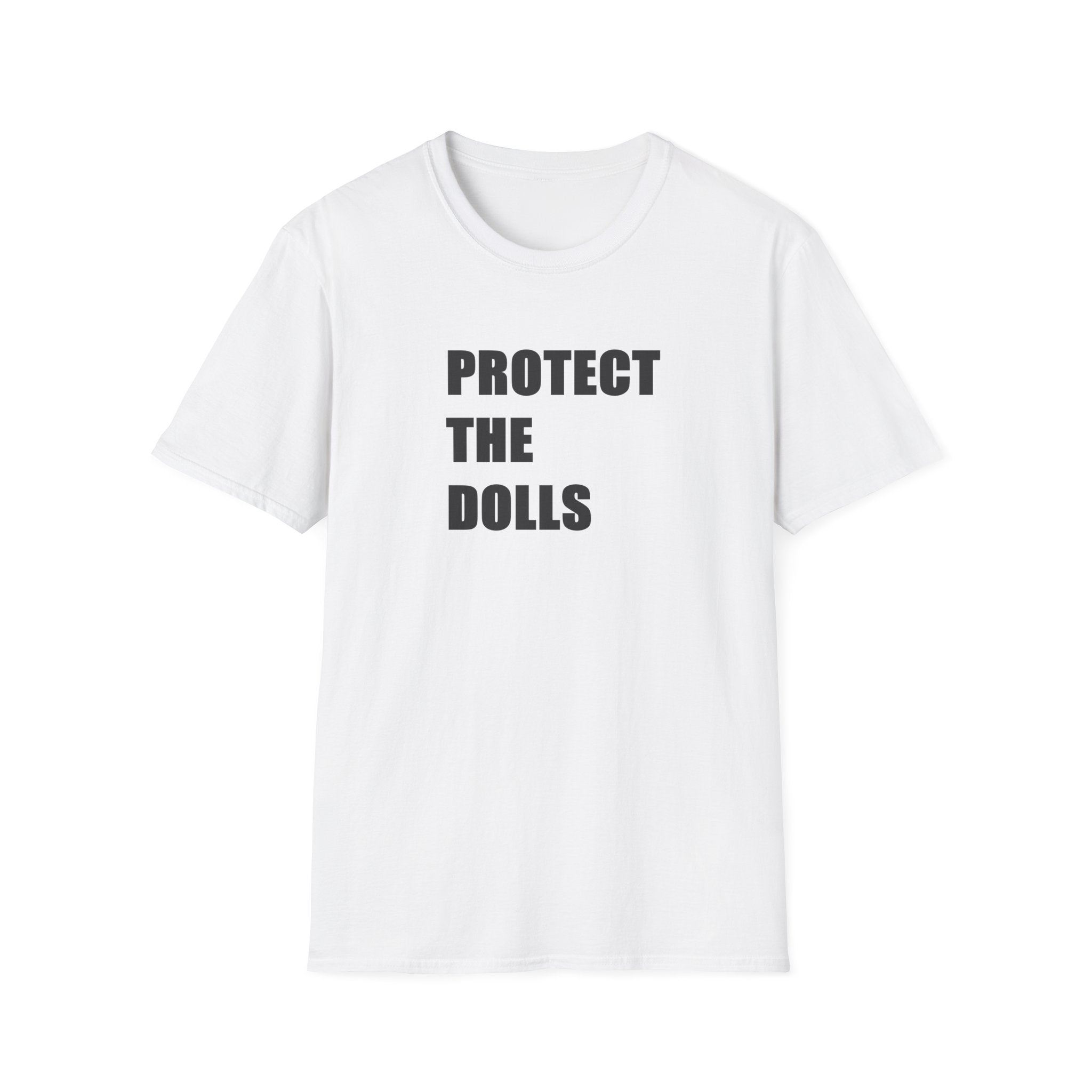 White t-shirt with 'PROTECT THE DOLLS' text on a white background