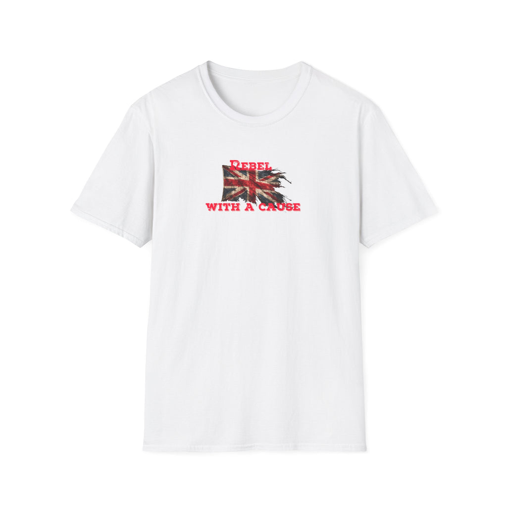 White t-shirt with a Union Jack design and text 'Rebel with a Cause' on a white background