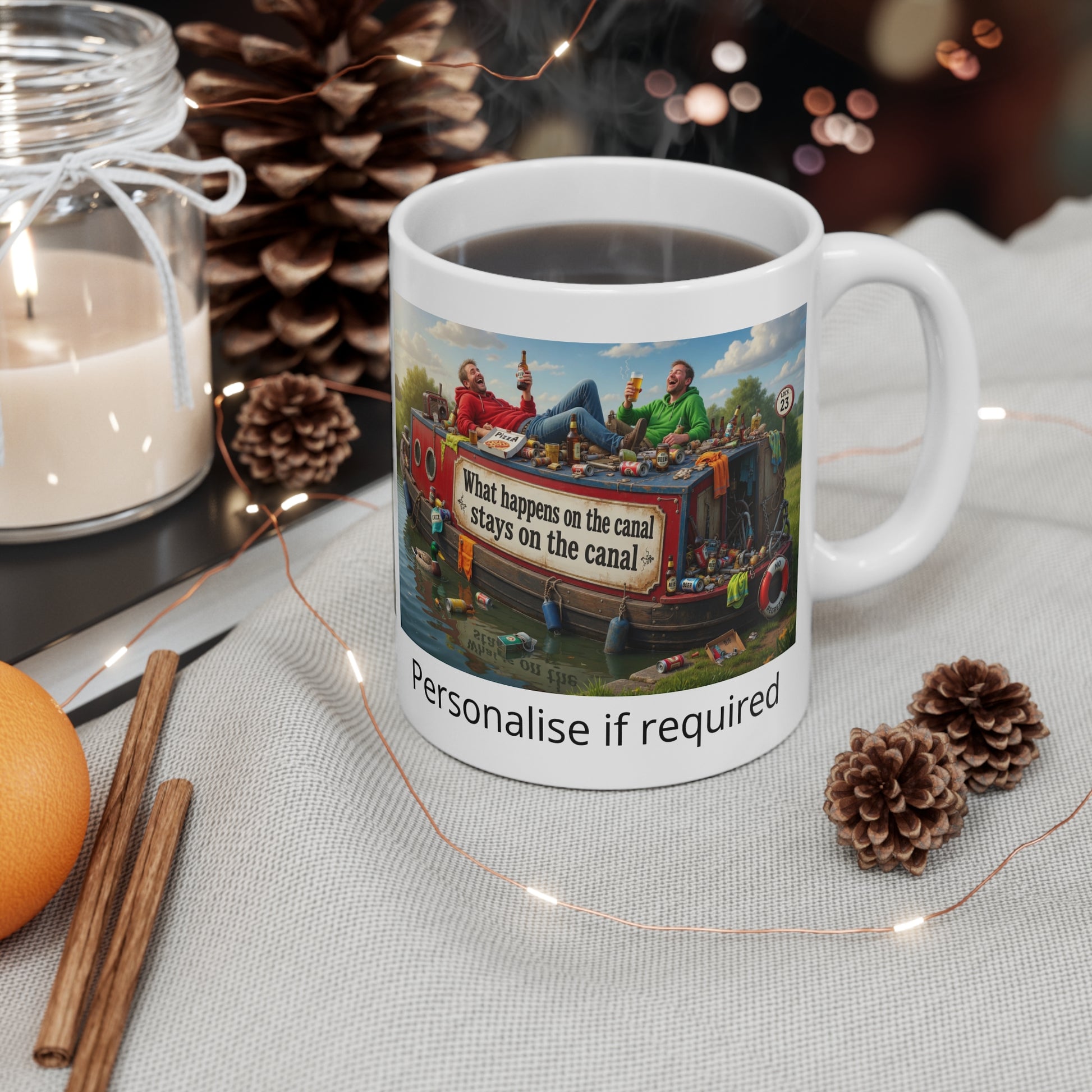 Canal Boat Mug — "What happens on the canal stays on the canal" Novelty Coffee Cup Printify