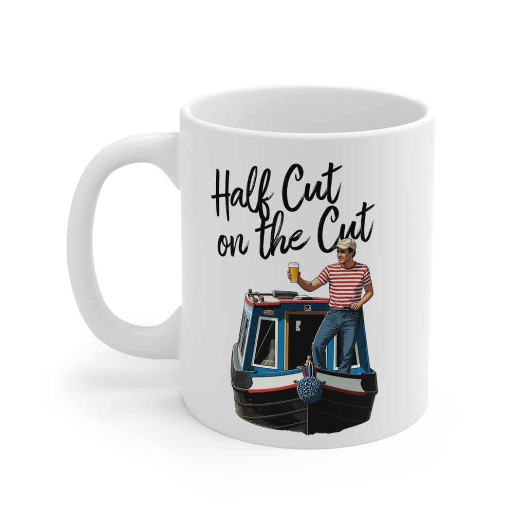 Mug with a design of a person on a boat and text 'Half Cut on the Cut' on a white background