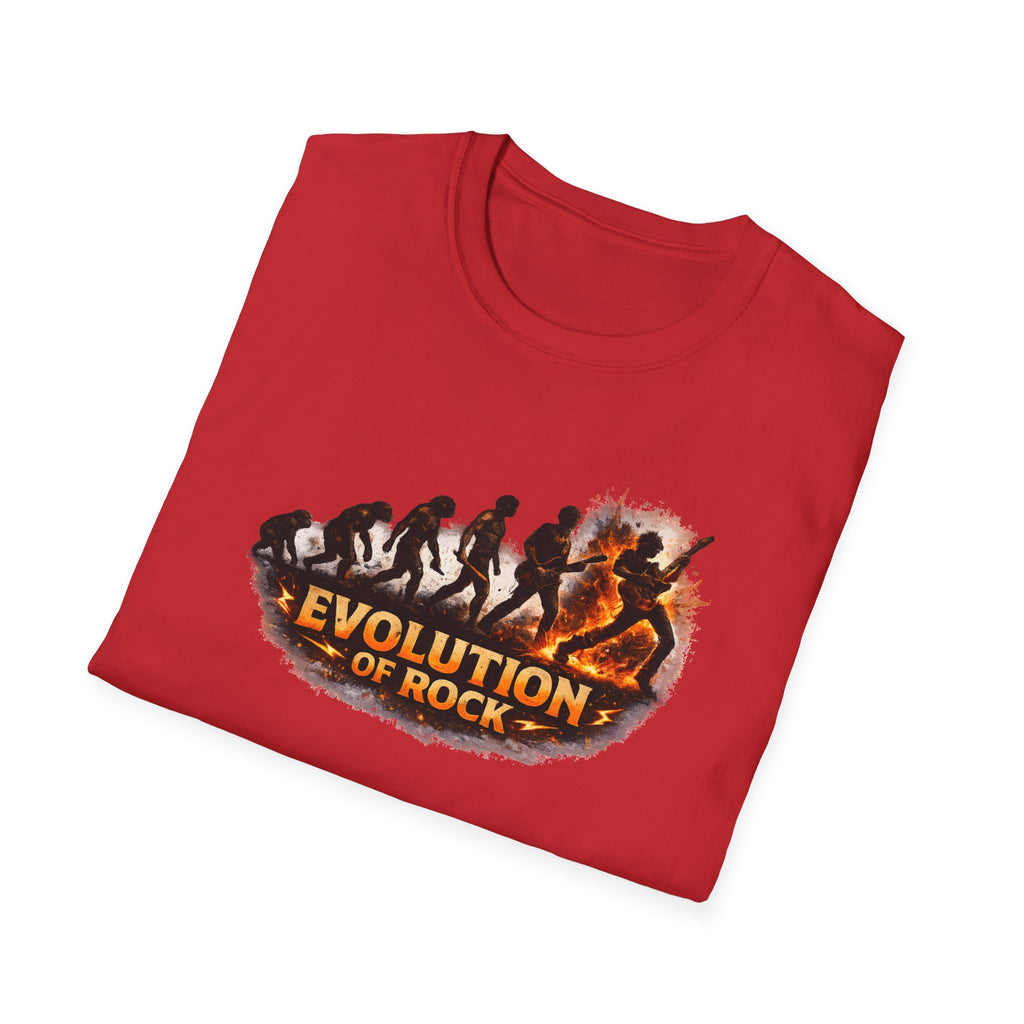 Folded red t-shirt with 'Evolution of Rock' graphic design on a white background