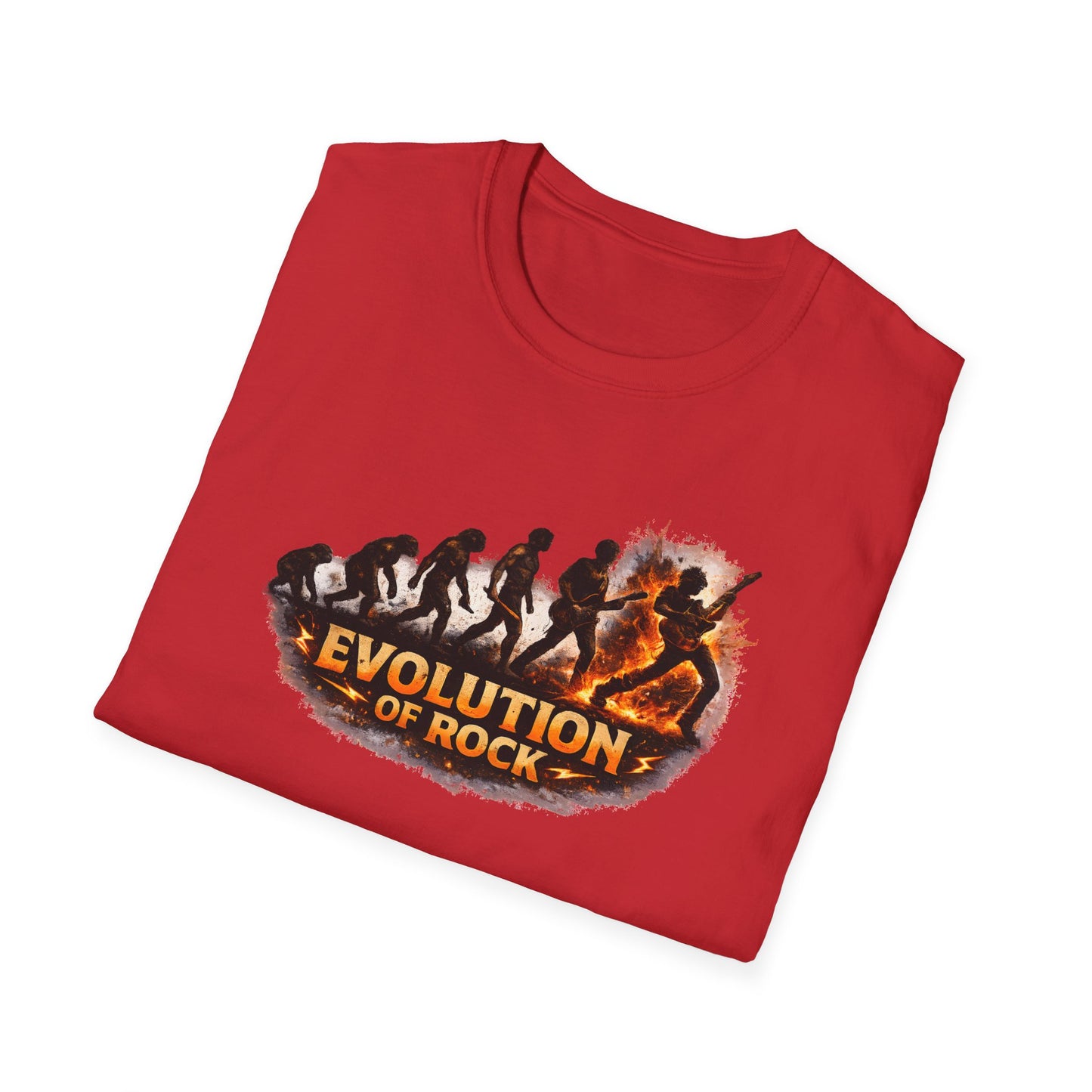 Folded red t-shirt with 'Evolution of Rock' graphic design on a white background