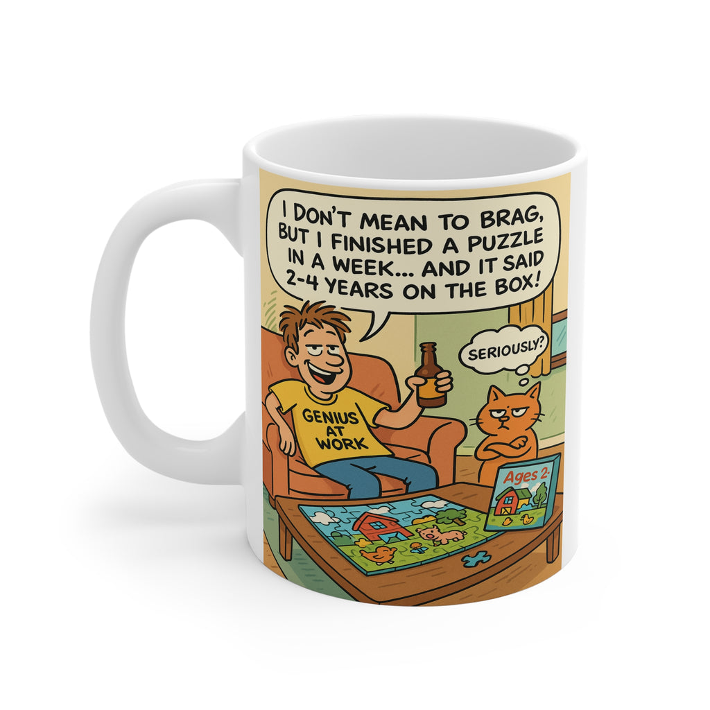 Mug with a cartoon design of a man and cat at a table with a puzzle, featuring text about completing a puzzle quickly.