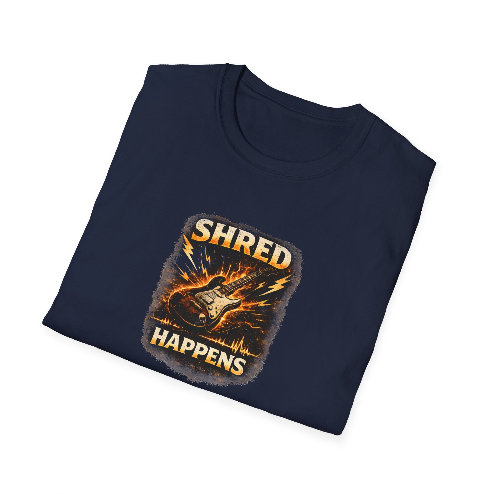Shred Happens funny guitar player rock music t shirt design