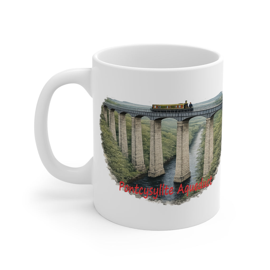 White mug with a design of Pontcysyllte Aqueduct and a narrowboat on a white background