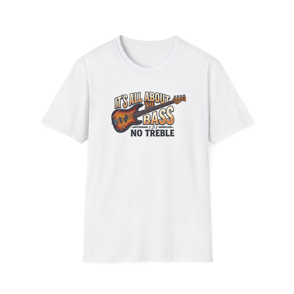 Fat Boris Store product photo of a black crewneck t-shirt featuring a detailed, vintage-style graphic of a sunburst bass guitar with the text "IT'S ALL ABOUT THE BASS NO TREBLE" in retro typography above and below it. The graphic has a distressed, screen-printed texture.