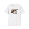 Fat Boris Store product photo of a black crewneck t-shirt featuring a detailed, vintage-style graphic of a sunburst bass guitar with the text "IT'S ALL ABOUT THE BASS NO TREBLE" in retro typography above and below it. The graphic has a distressed, screen-printed texture.