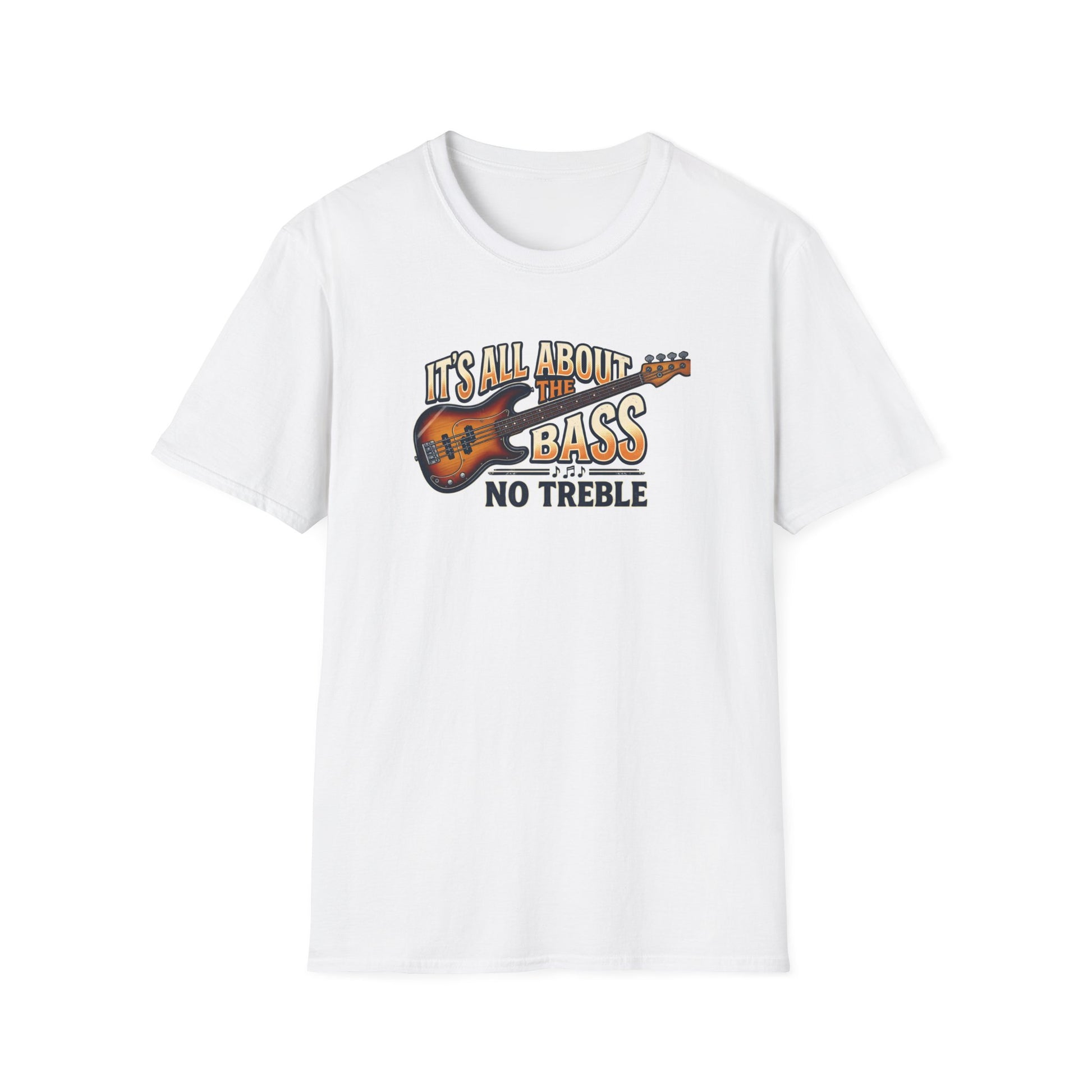 Fat Boris Store product photo of a black crewneck t-shirt featuring a detailed, vintage-style graphic of a sunburst bass guitar with the text "IT'S ALL ABOUT THE BASS NO TREBLE" in retro typography above and below it. The graphic has a distressed, screen-printed texture.