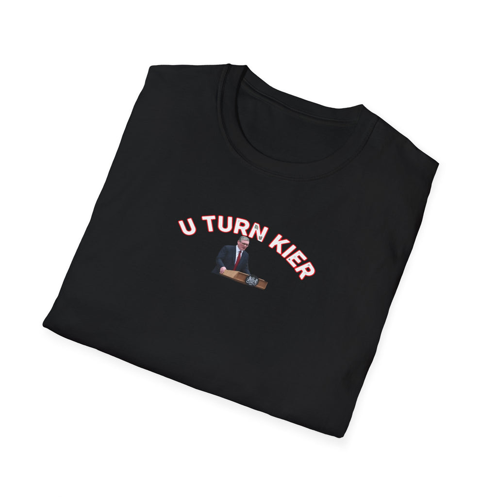Folded black t-shirt with 'U TURN KIER' text and graphic on a white background