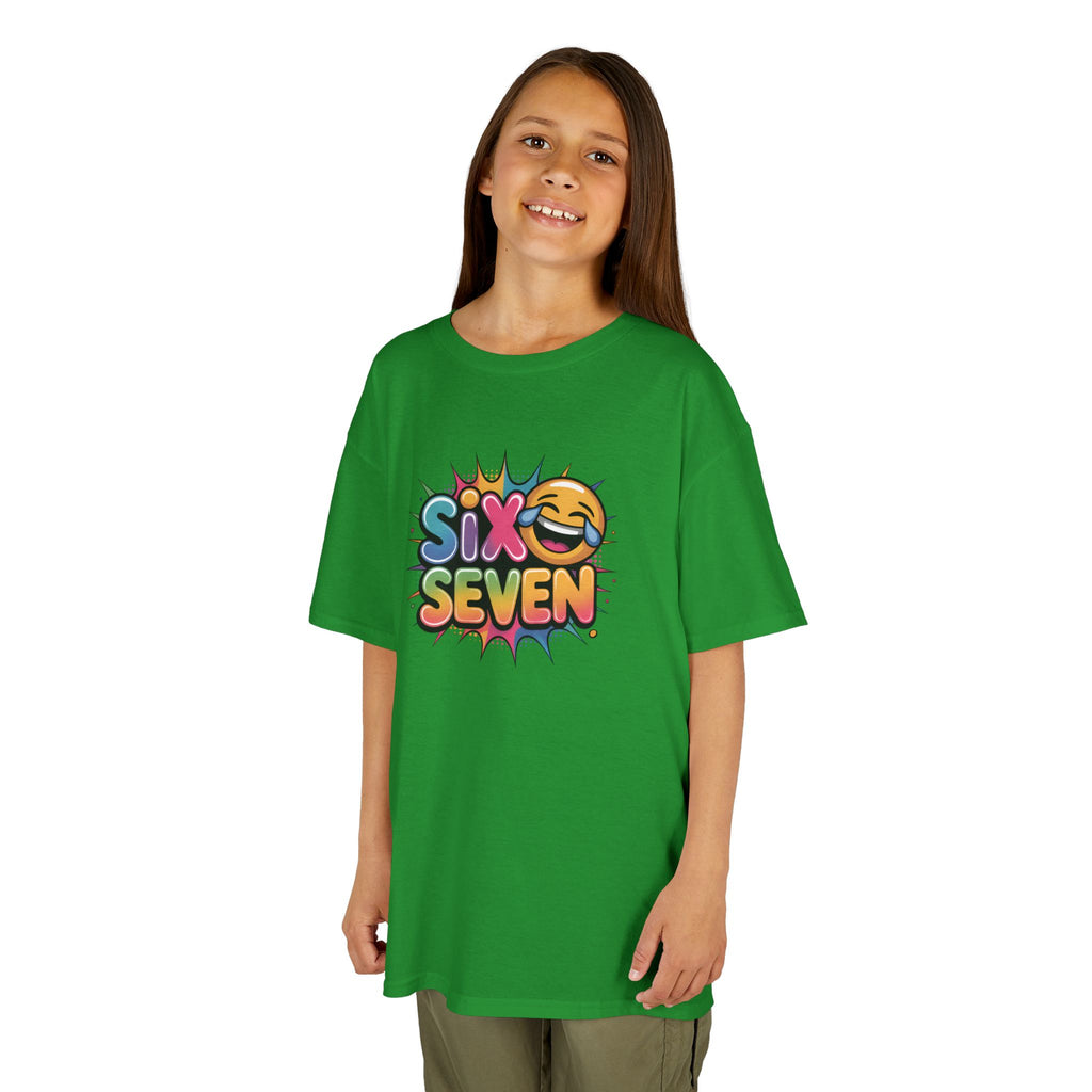 Child wearing a green t-shirt with 'Six Seven' logo on a white background
