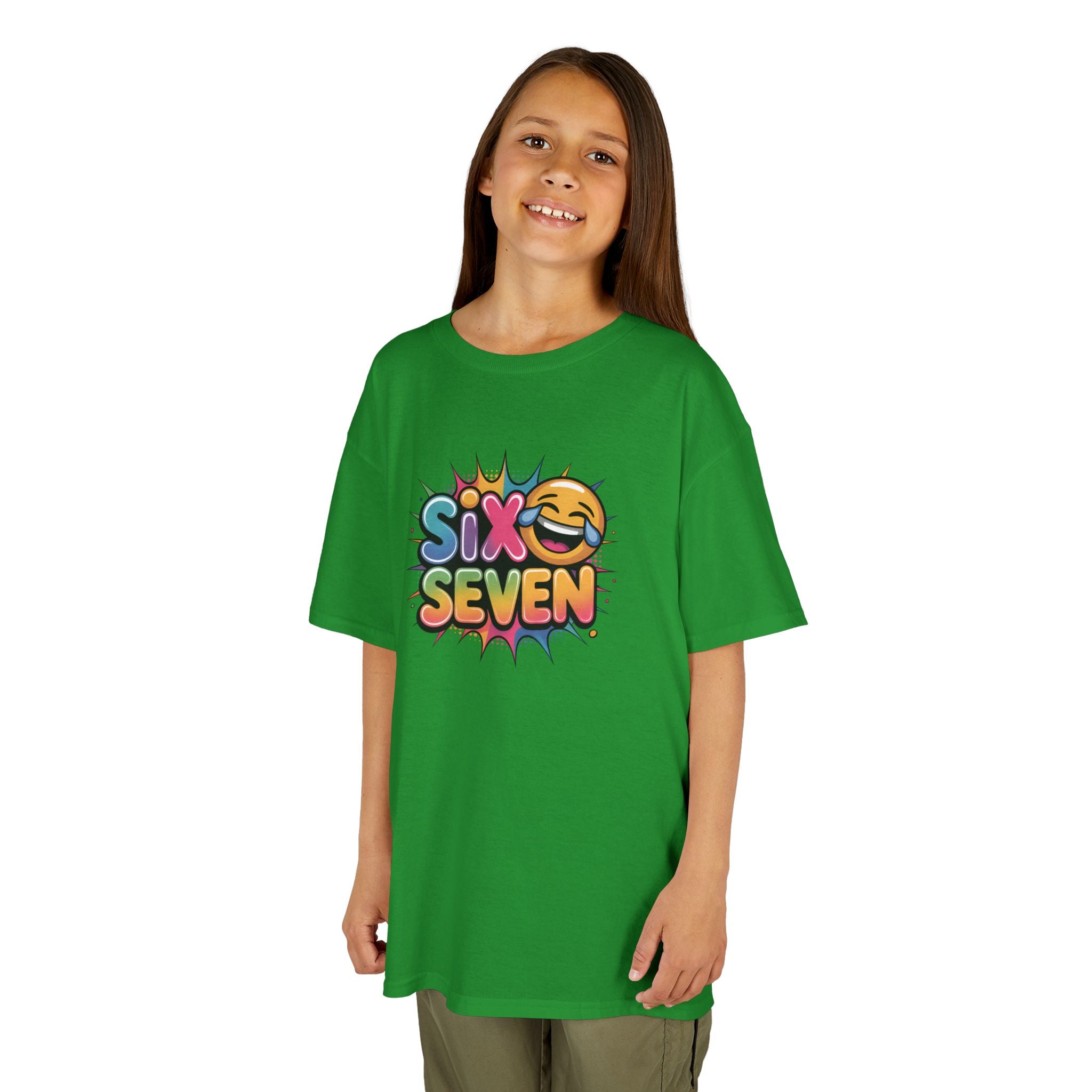 Child wearing a green t-shirt with 'Six Seven' logo on a white background