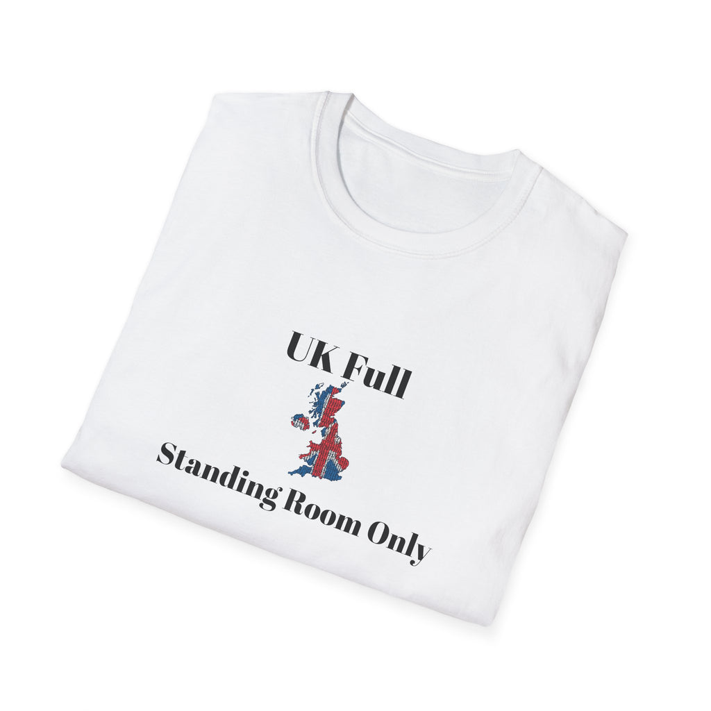 Folded White t shirt with a bold UK outline packed tight in Union Jack colours, text reads UK full, standing room only