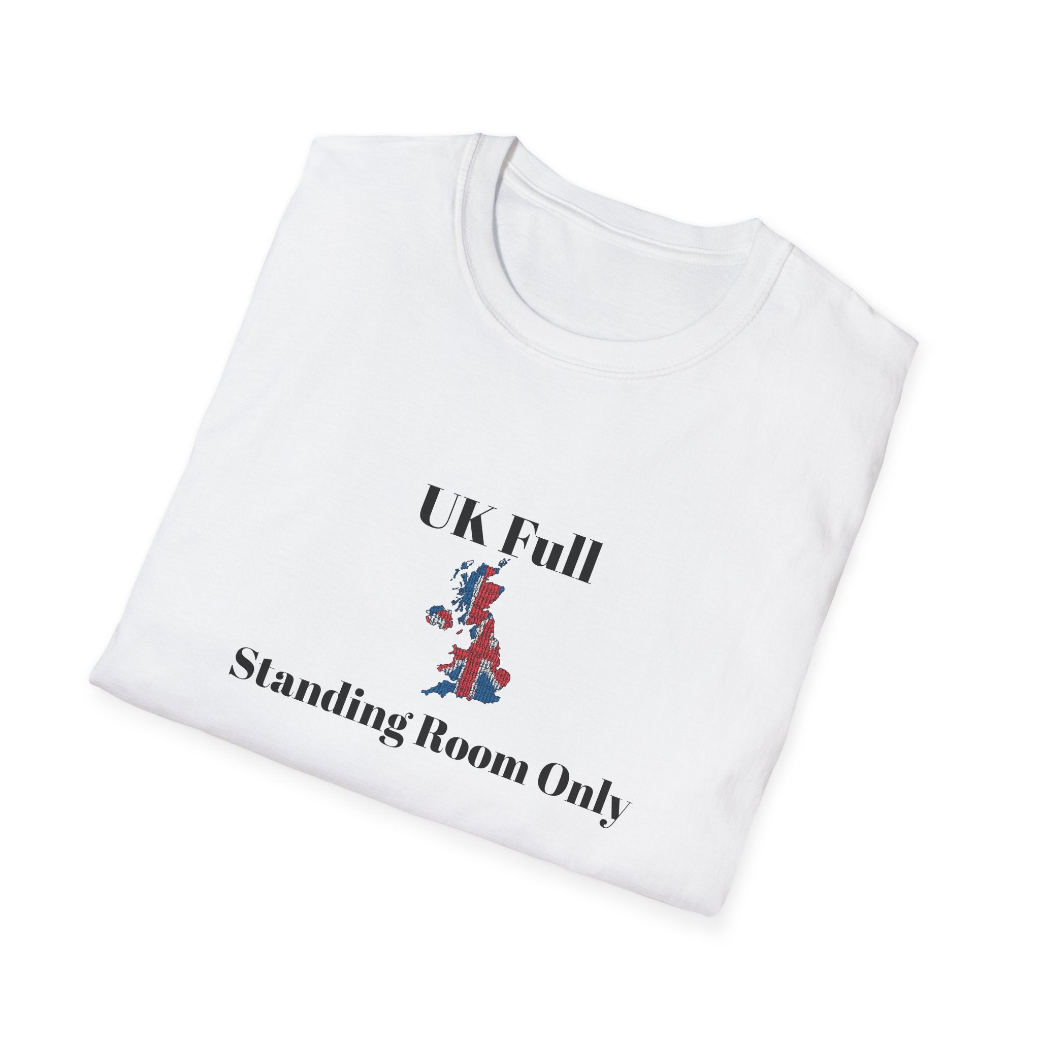 Folded White t shirt with a bold UK outline packed tight in Union Jack colours, text reads UK full, standing room only