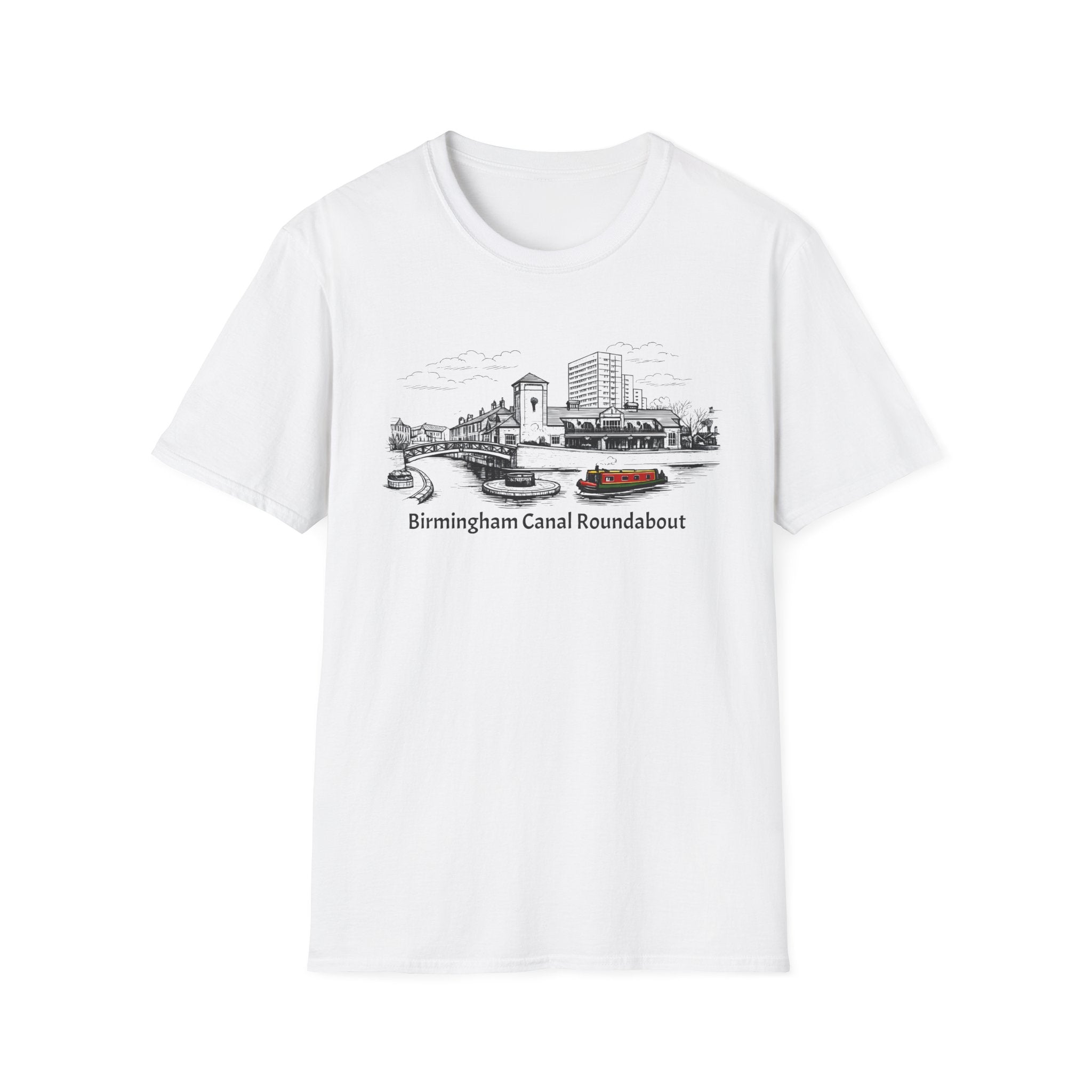 White t-shirt with a graphic design of Birmingham Canal Roundabout on a white background