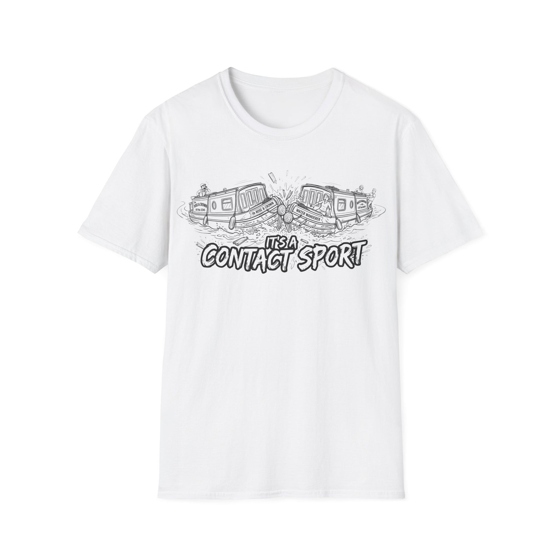 T-Shirt — "It's a Contact Sport"Canal Narrowboat Collision Graphic Tee Printify
