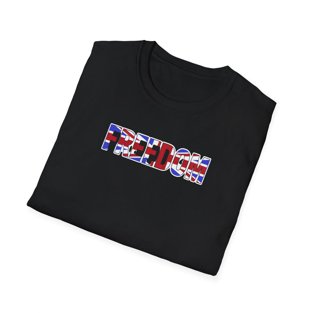 folded Black t-shirt with 'FREEDOM' printed in colourful letters on a white background