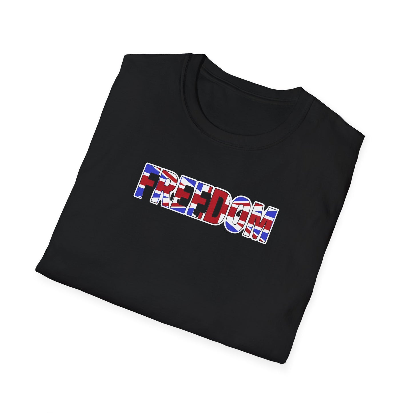 folded Black t-shirt with 'FREEDOM' printed in colourful letters on a white background