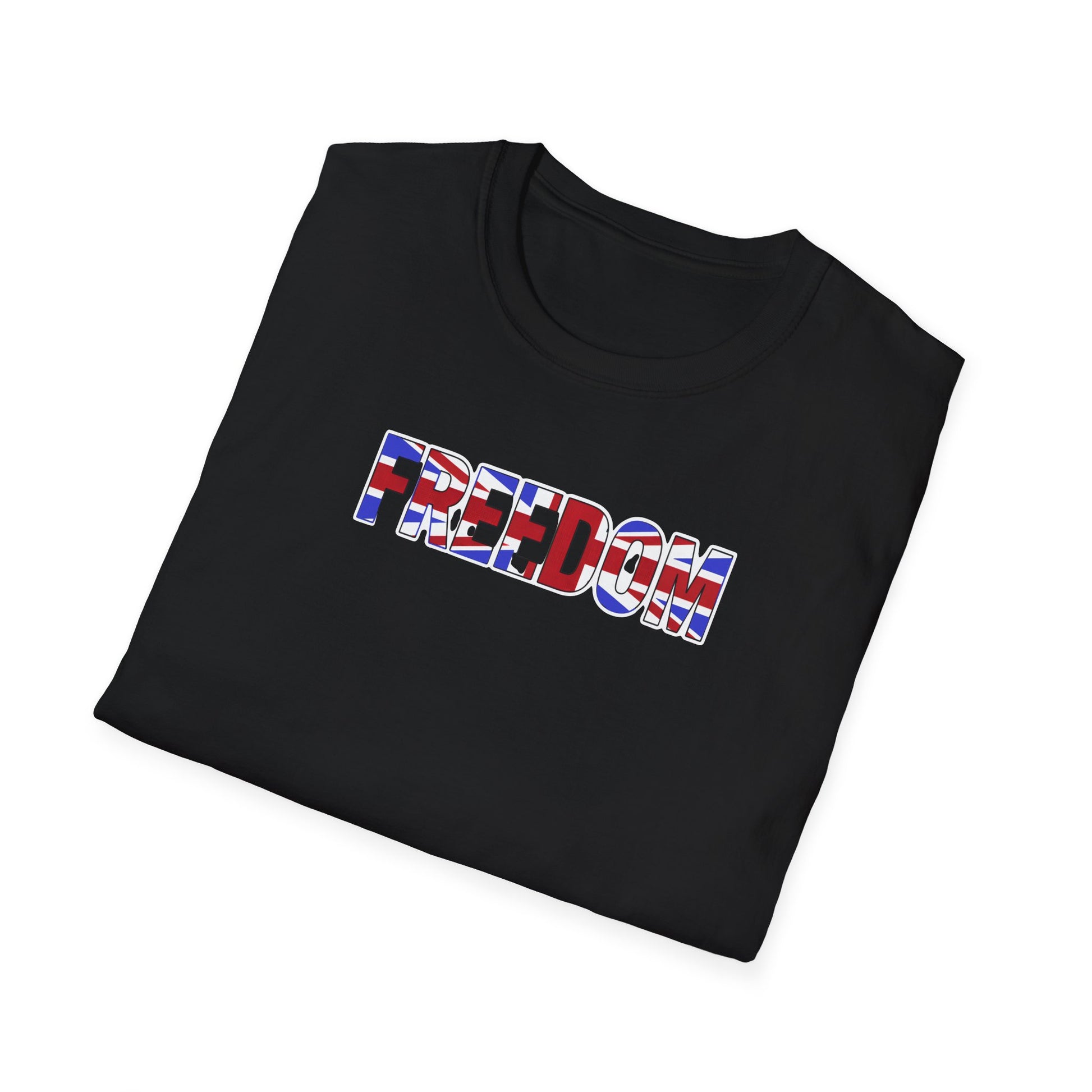 folded Black t-shirt with 'FREEDOM' printed in colourful letters on a white background