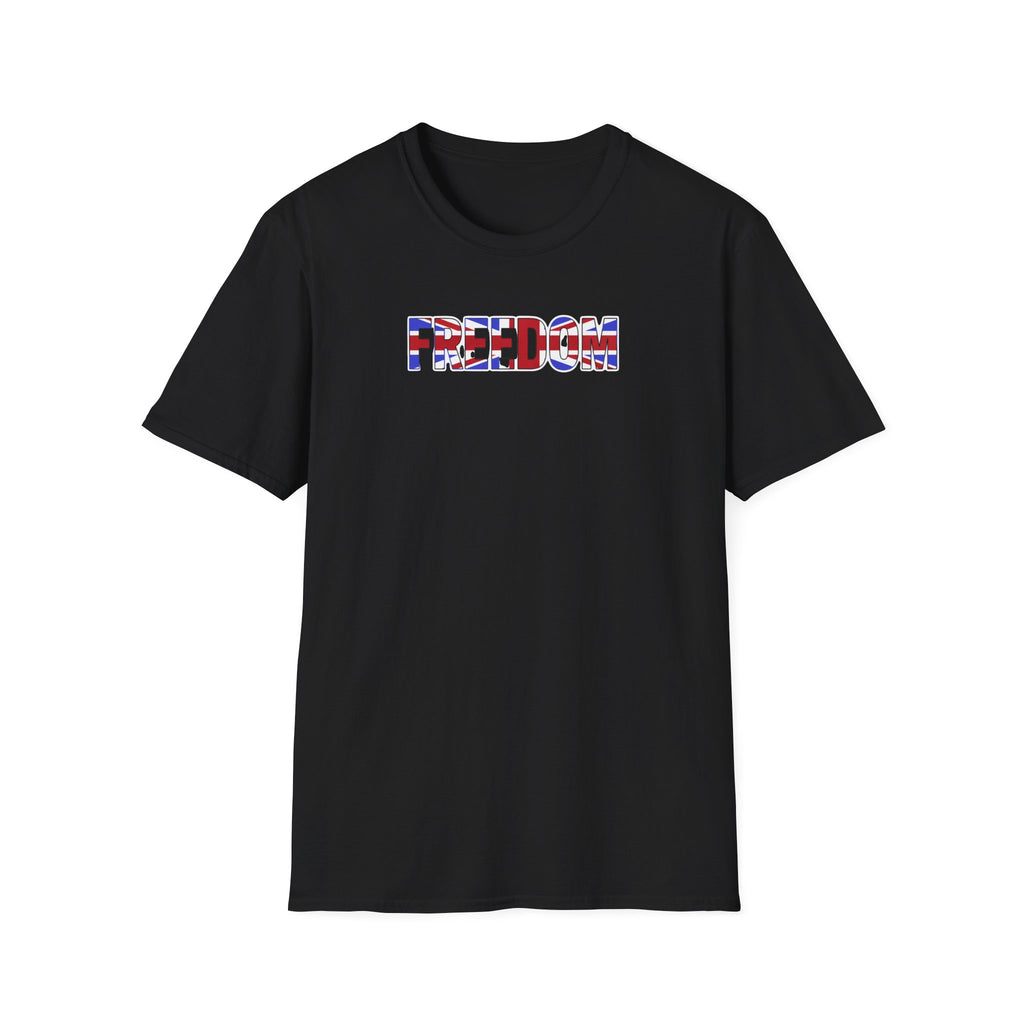 Black t-shirt with 'FREEDOM' in colorful letters on a white background