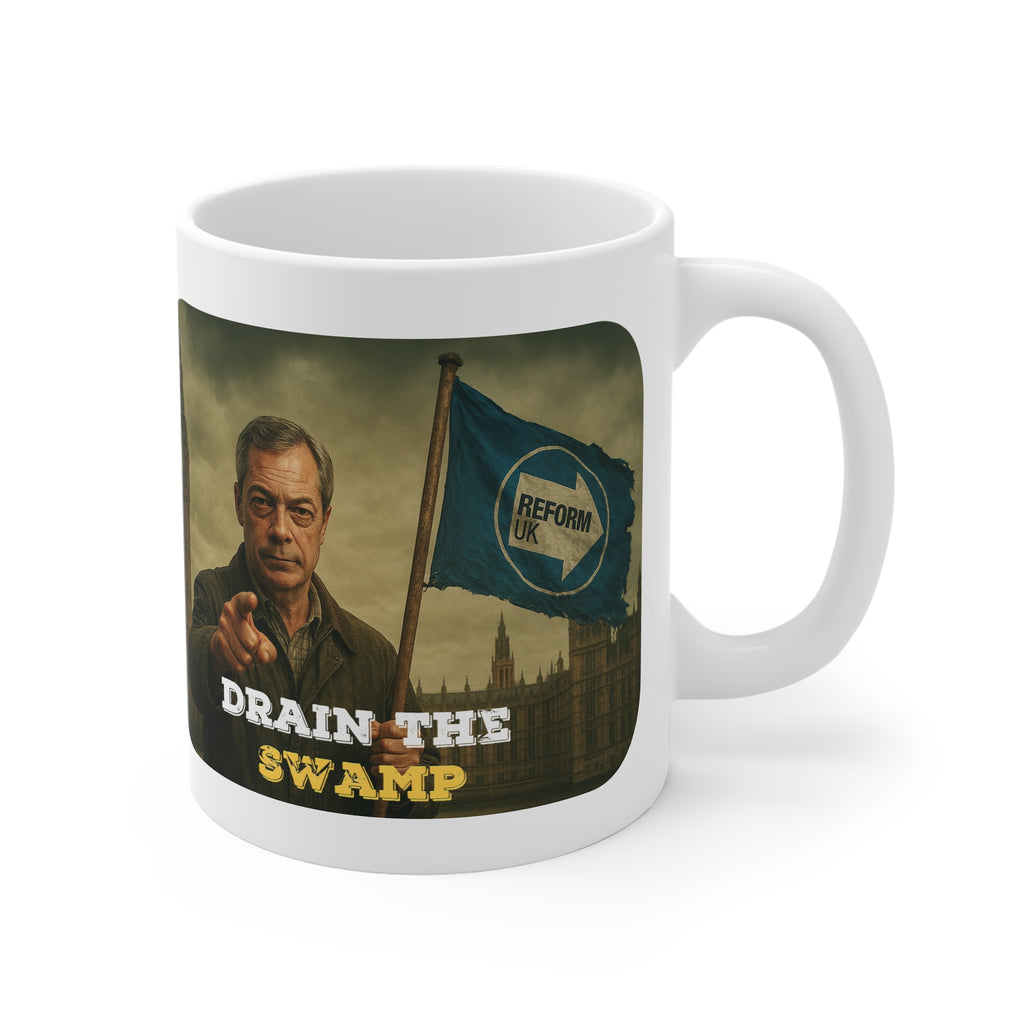 Dystopian 'Drain the Swamp' Mug — Nigel Farage with Reform UK Flag (11oz White Mug