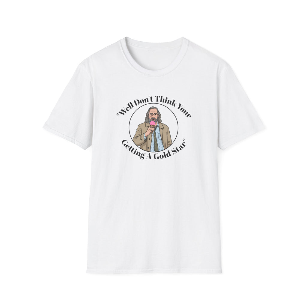 White t-shirt Jackson lamb caricature with graphic design and text on a white background