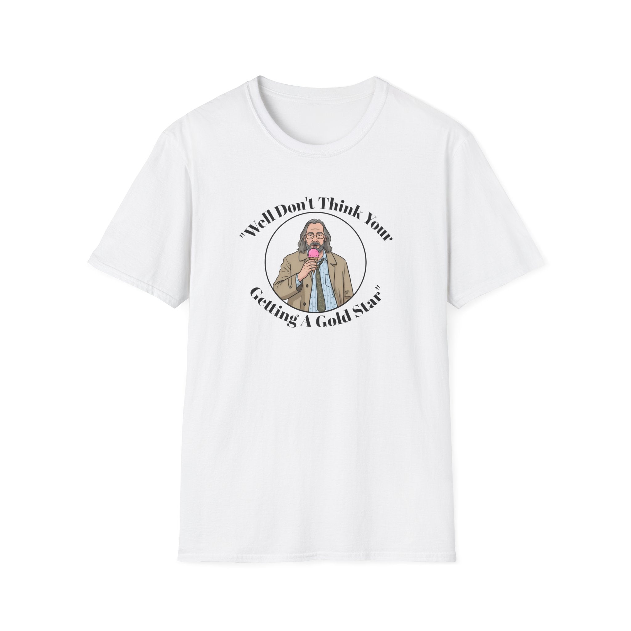 White t-shirt Jackson lamb caricature with graphic design and text on a white background