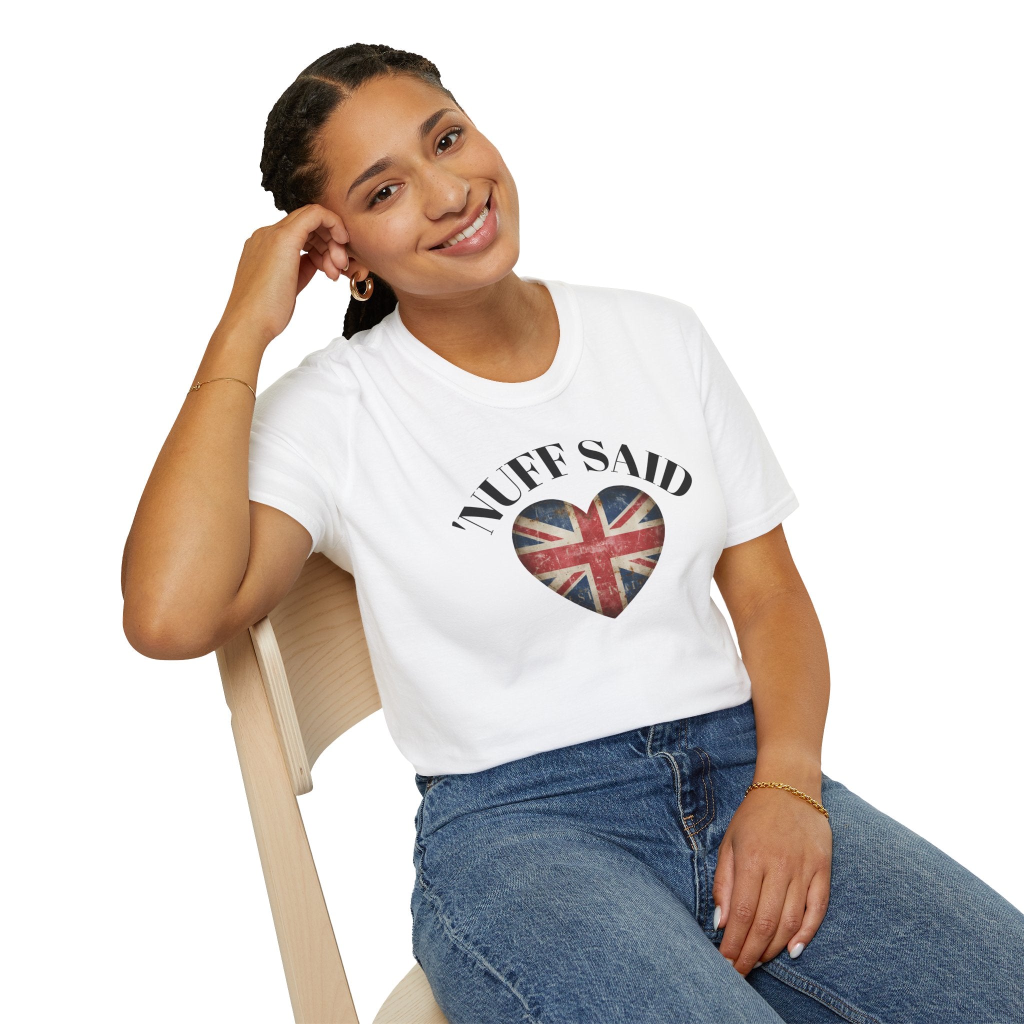Person wearing a white t-shirt with 'Nuff Said' and a heart-shaped British flag design.
