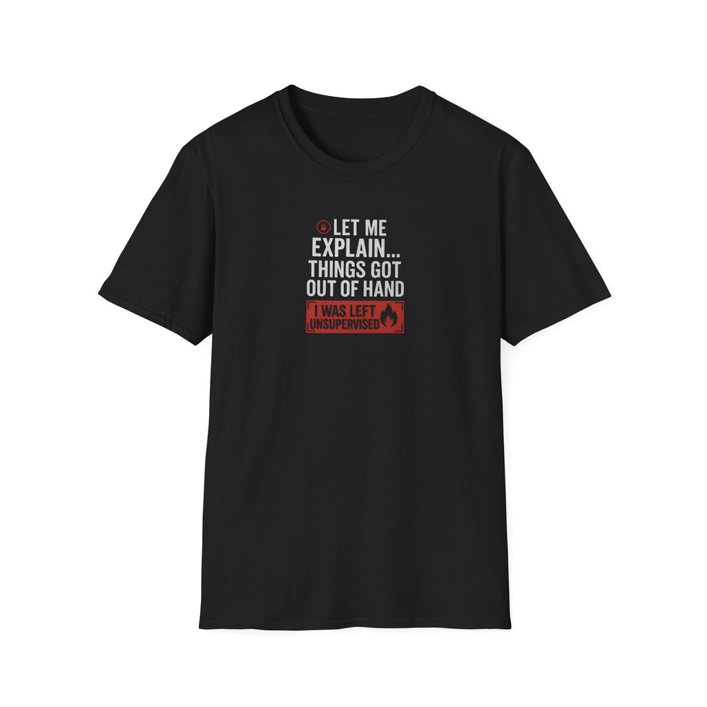 Black t-shirt with humorous text design on a white background