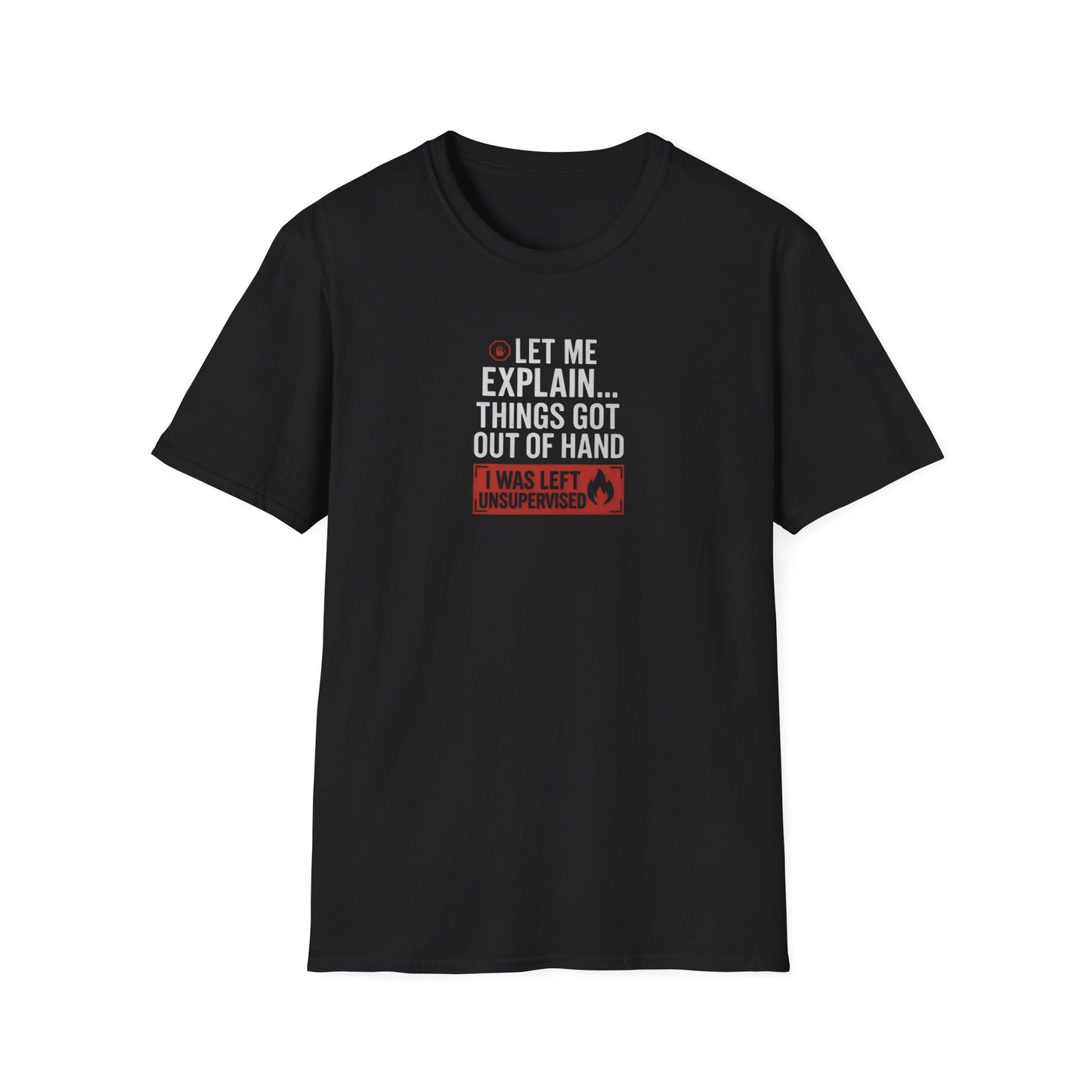 Black t-shirt with humorous text design on a white background
