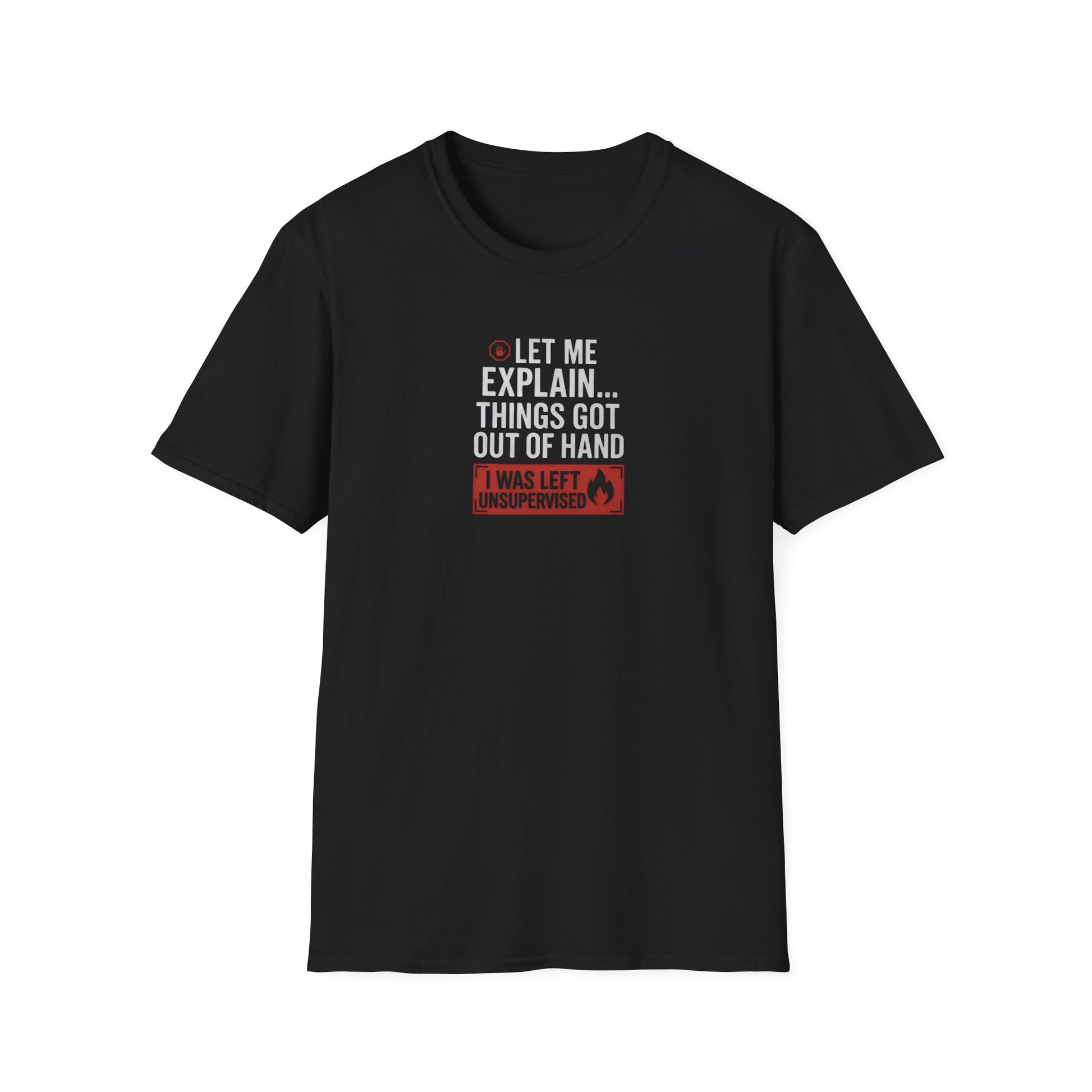 Black t-shirt with humorous text design on a white background