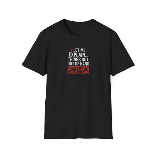 Black t-shirt with humorous text design on a white background