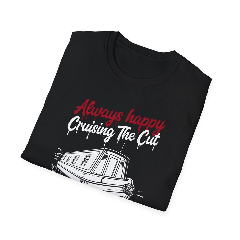 Black t-shirt with red and white text and a boat graphic on a white background