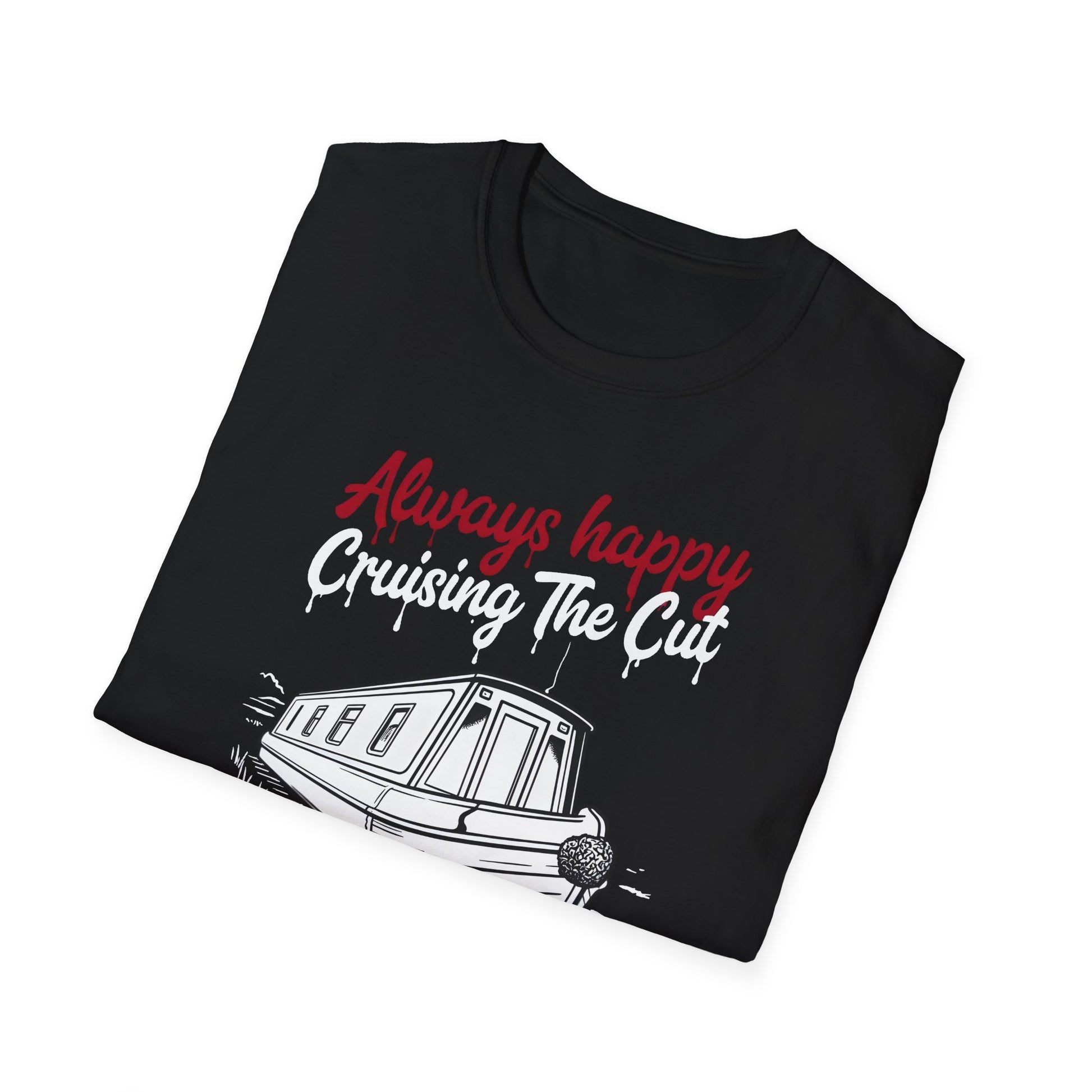 Black t-shirt with red and white text and a boat graphic on a white background