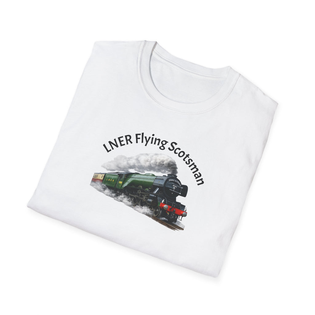 White t-shirt with a graphic of a train and 'LNER Flying Scotsman' text on a white background
