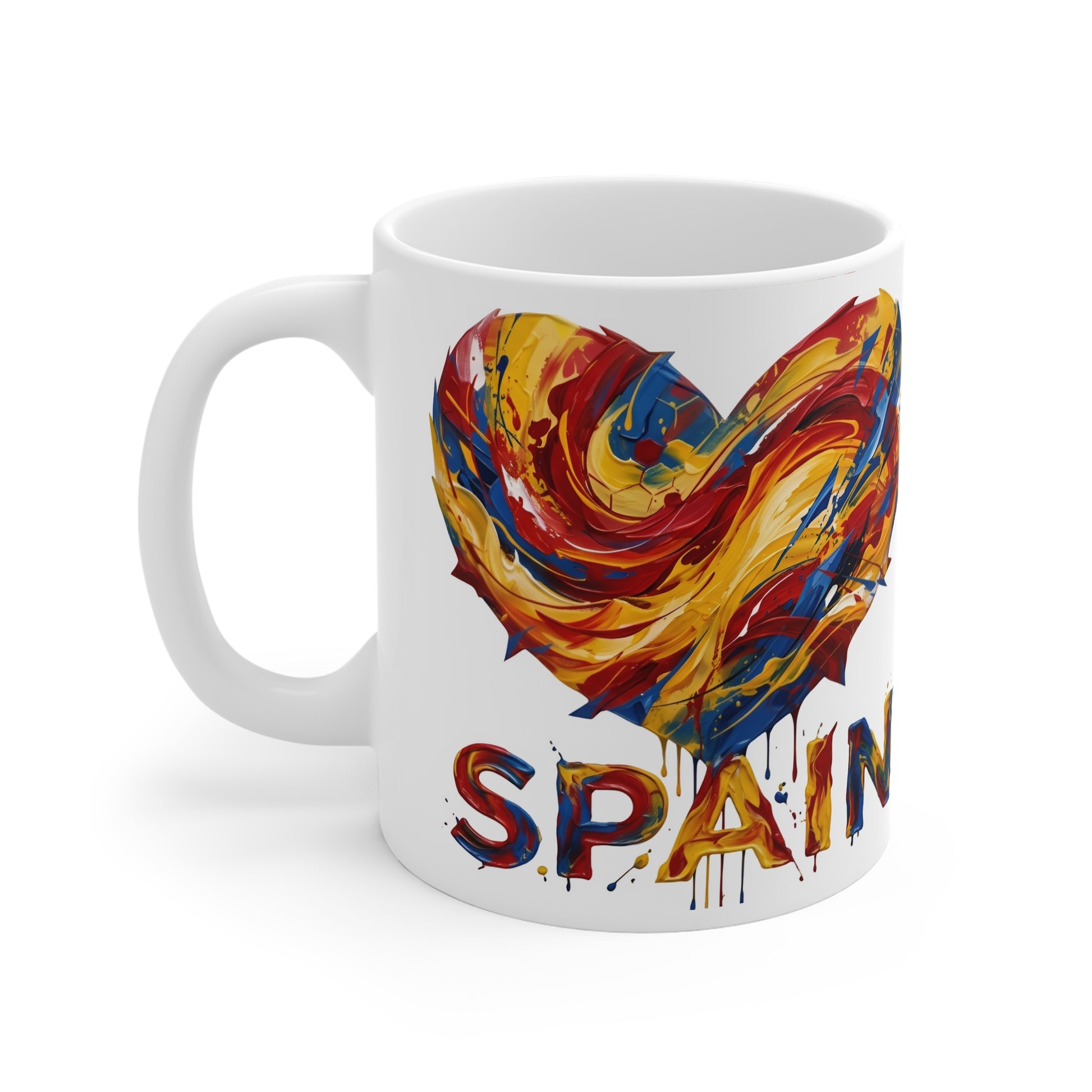 White ceramic coffee mug with abstract swirling heart design in Spanish flag colours red yellow blue and dripping paint effect with SPAIN text - Fat Boris s