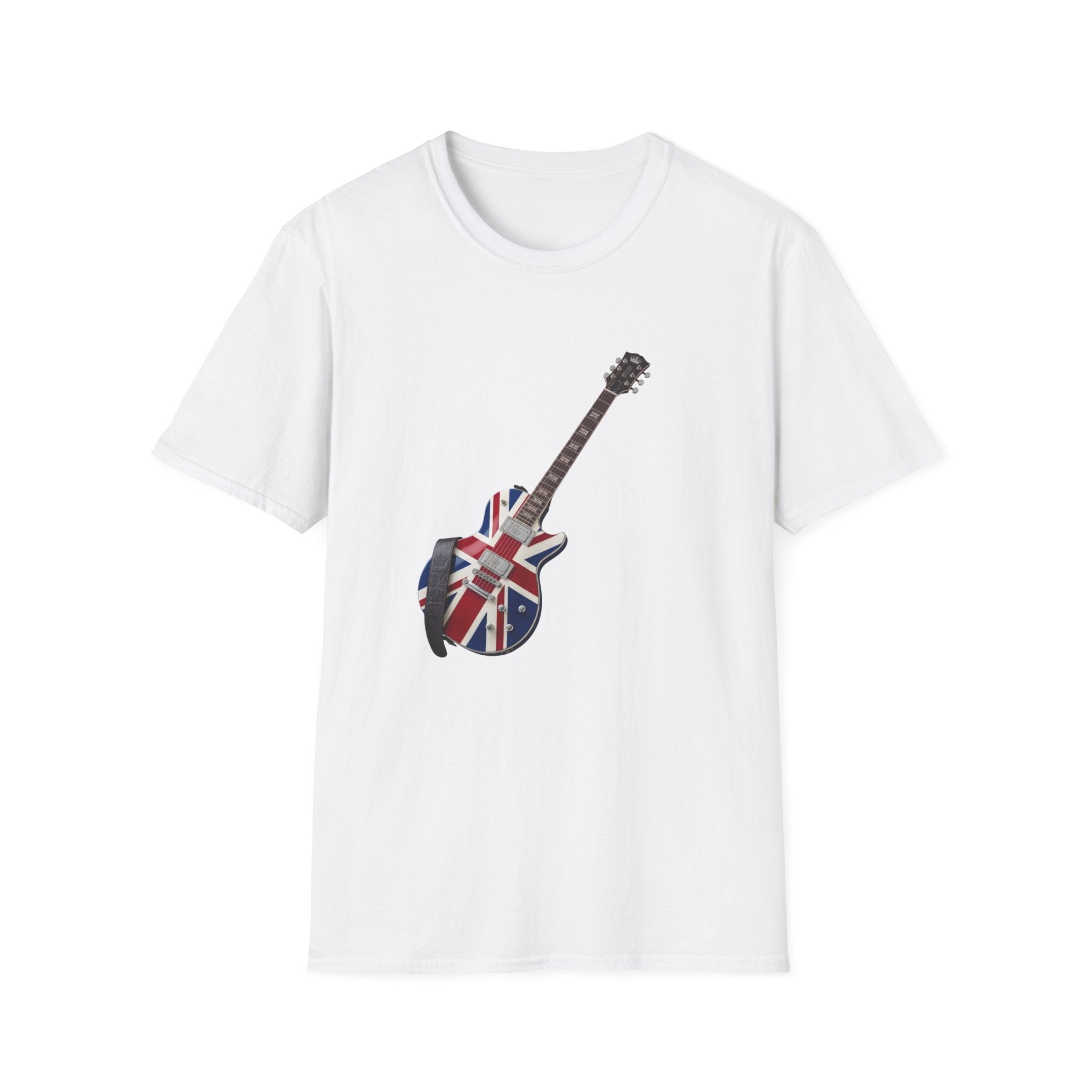 White t-shirt with a guitar design featuring the Union Jack on a white background