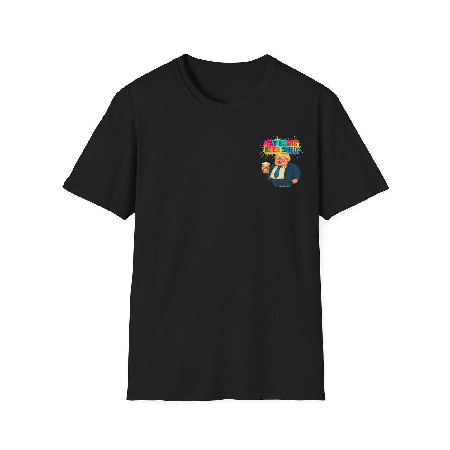 Black t-shirt with a colourful POCKET FAT BORIS graphic on the chest against a white background
