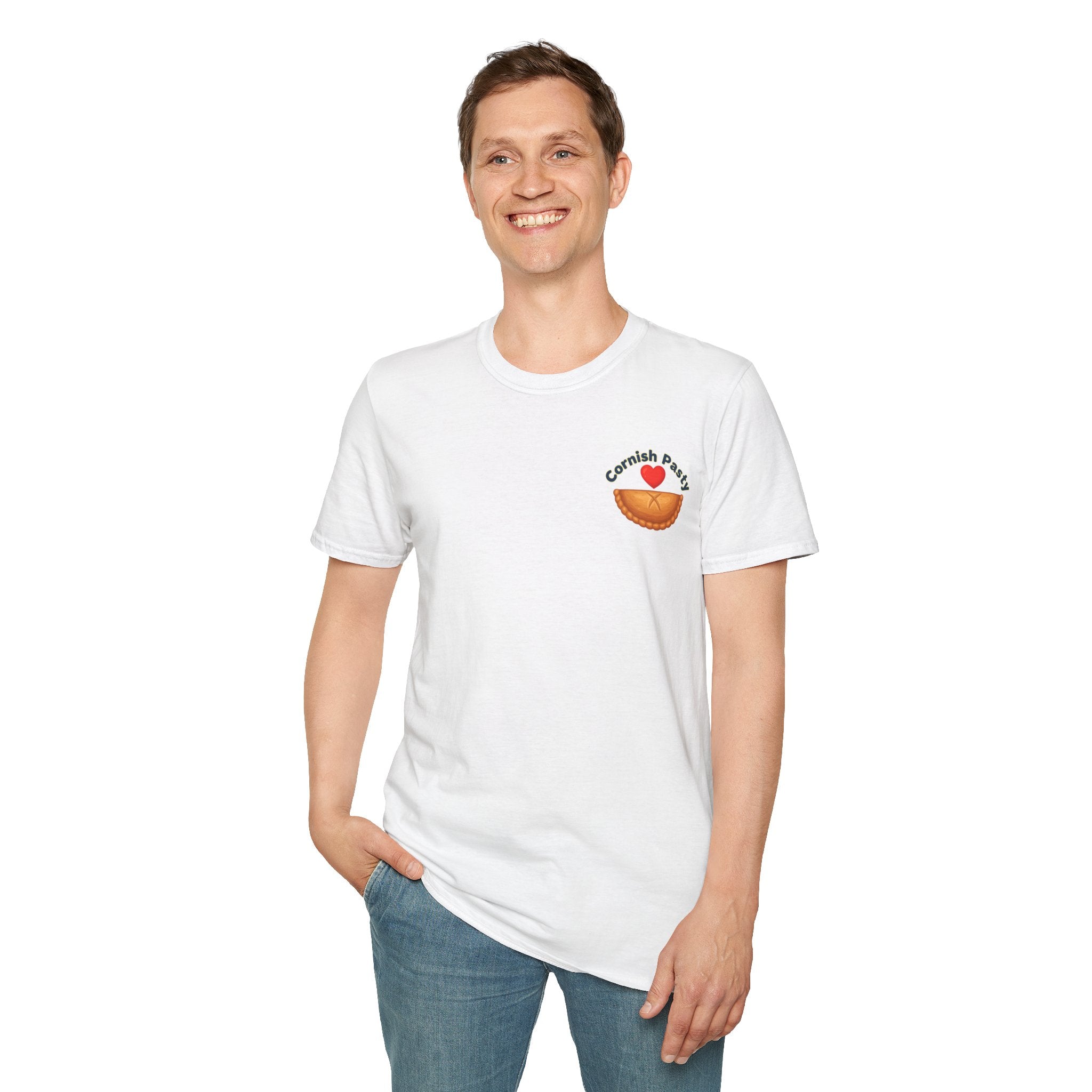 Man standing wearing White t-shirt with a graphic design, I love Cornish pasty on a white background