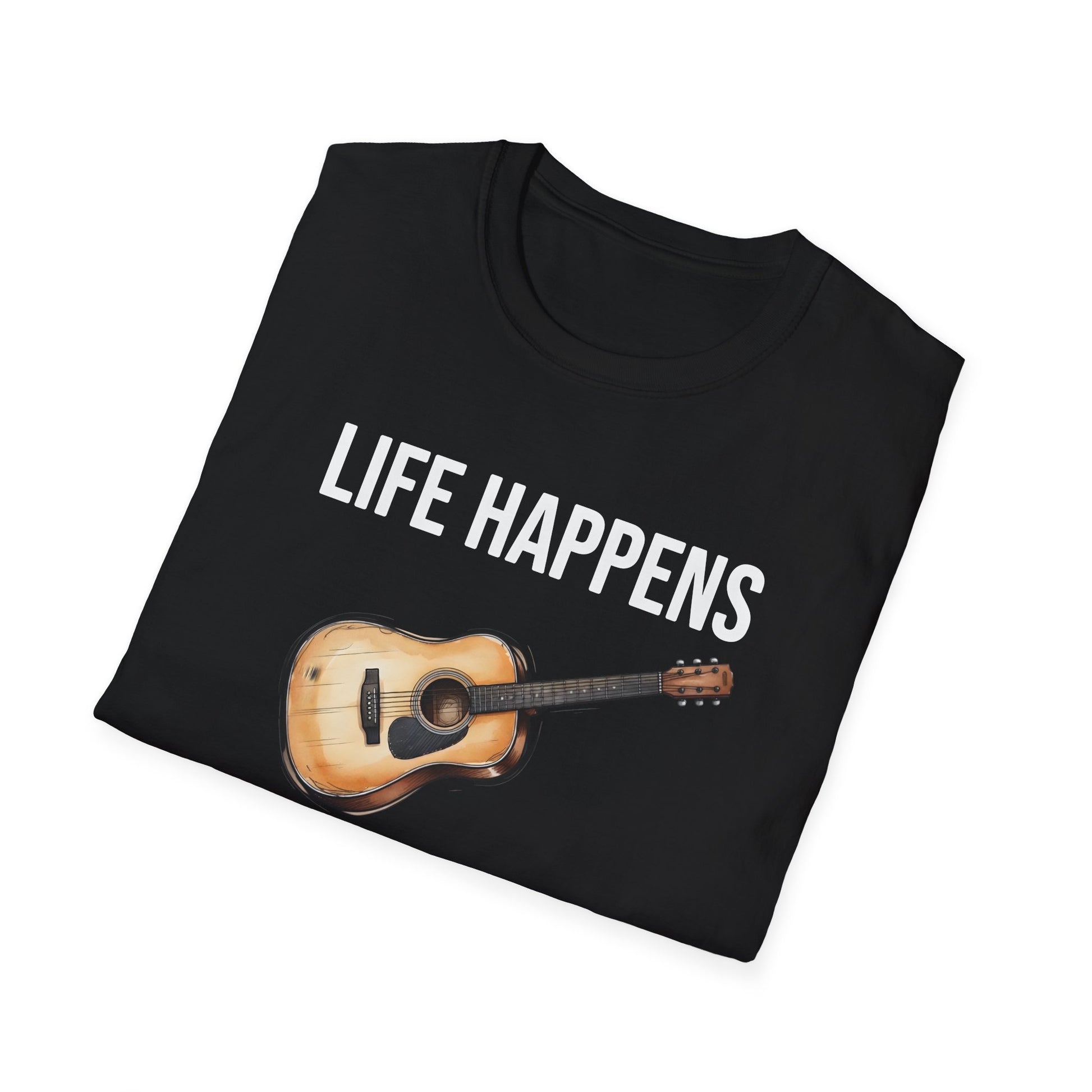 Life Happens Guitar Helps T-Shirt | Funny Acoustic Guitar Player Tee | Musician Gift Printify
