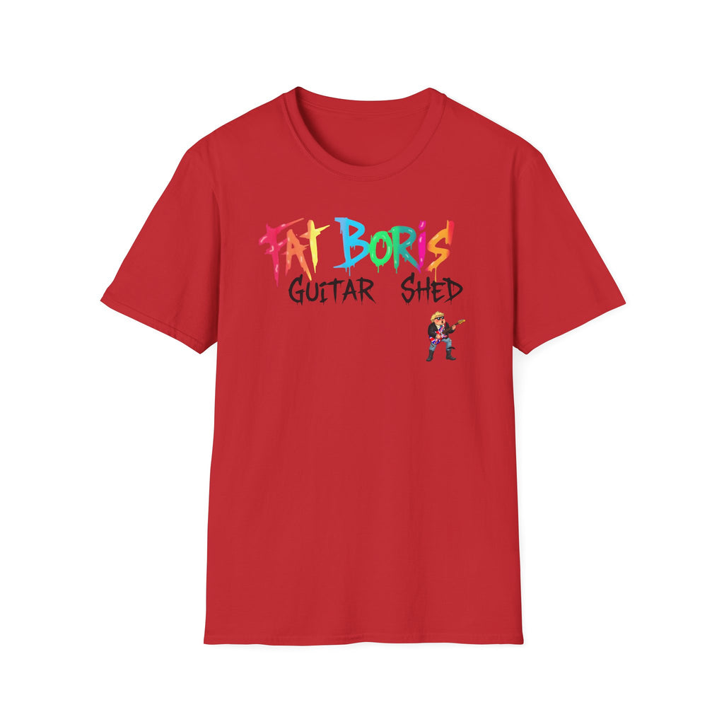 Red t-shirt with 'Fat Boris Guitar Shed' graphic on a white background