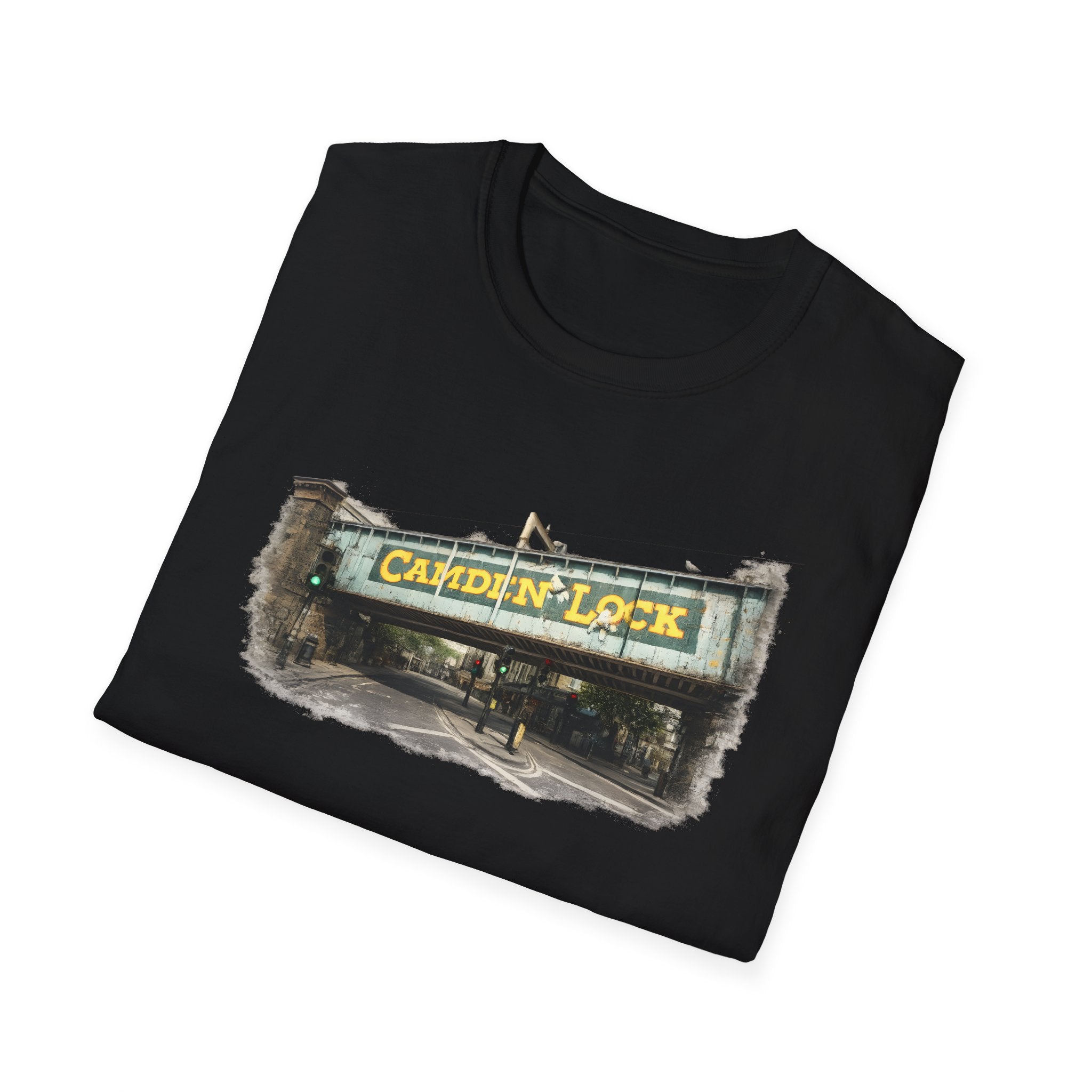 Black t-shirt with 'Camden Lock'  bridge graphic design on a white background