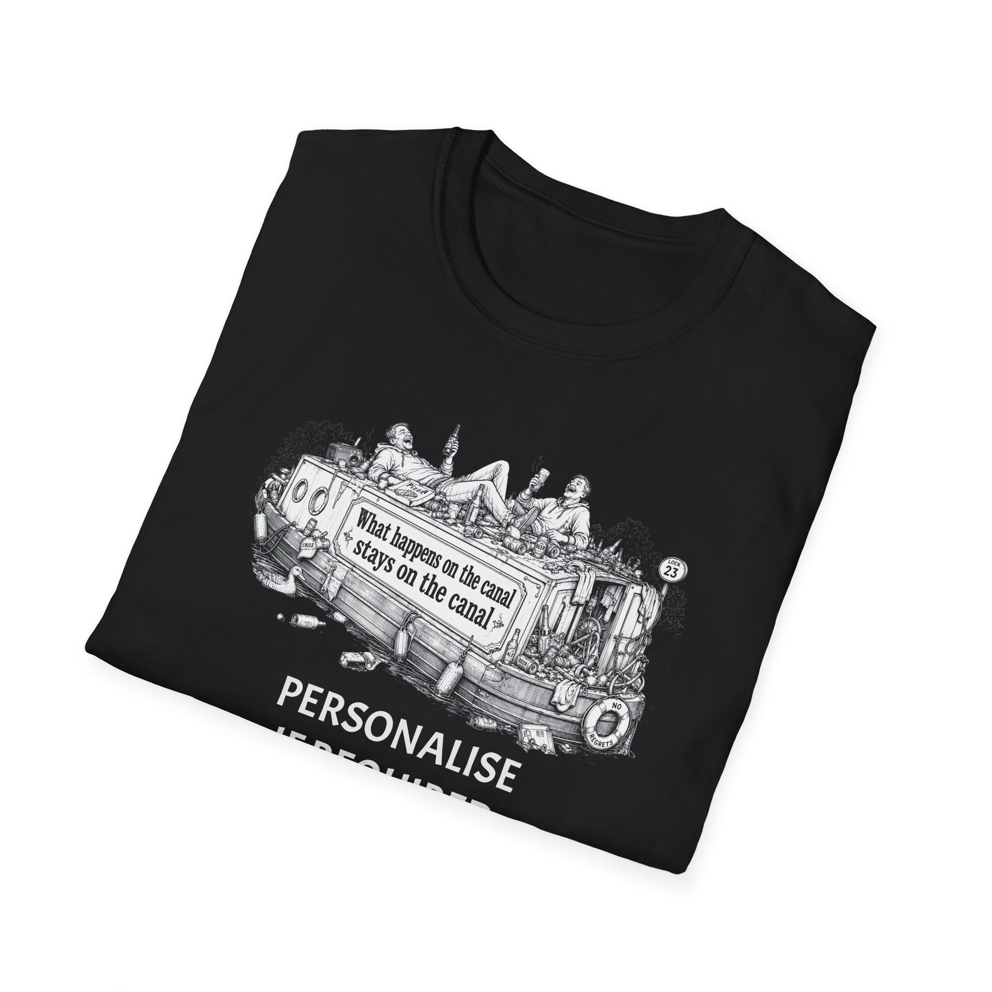 Canal Boat T-Shirt — "What happens on the canal stays on the canal" Printify