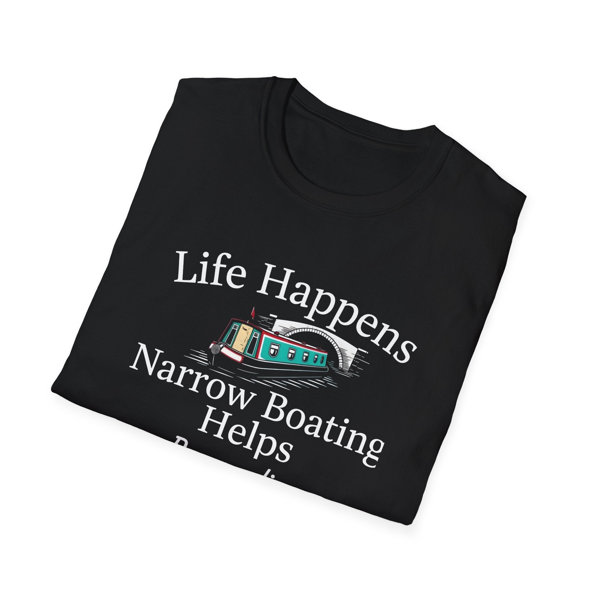 Life Happens Narrow Boating Helps T-Shirt | Personalised Option Narrowboat Canal Boat Gift 