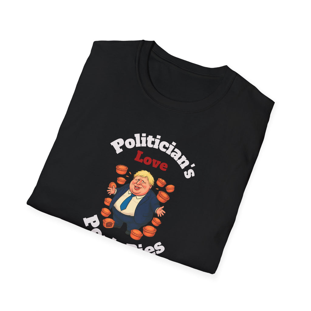 Folded black t-shirt with a graphic    "politician's love pork pies" design